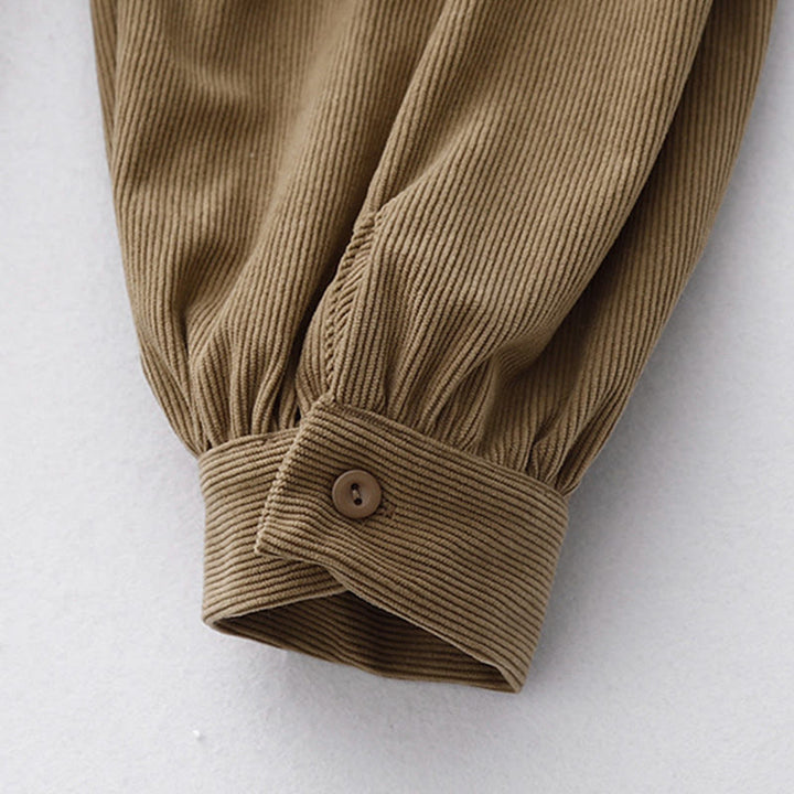 Buddha Stones Tan Solid Color Cotton Linen Corduroy Puff Long Sleeve Midi Dress - image 9