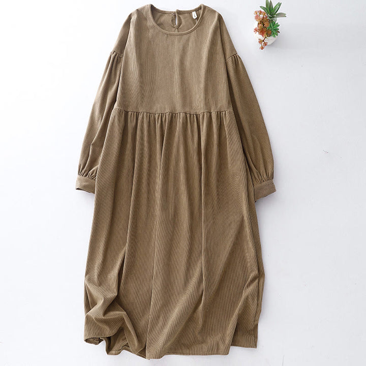 Buddha Stones Tan Solid Color Cotton Linen Corduroy Puff Long Sleeve Midi Dress - Tan - US8-10，UK/AU12-14，EU40-42 (2XL) - image 1