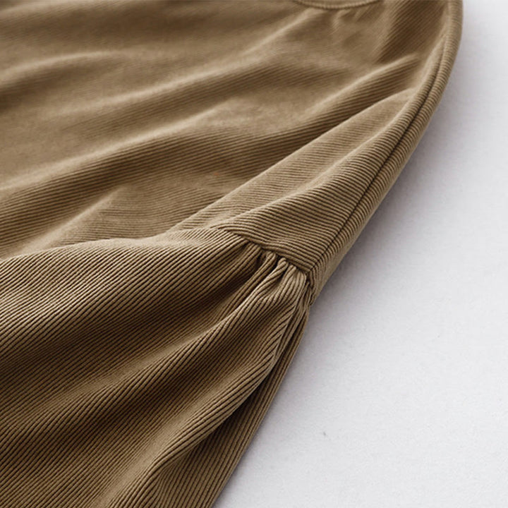Buddha Stones Tan Solid Color Cotton Linen Corduroy Puff Long Sleeve Midi Dress - image 10