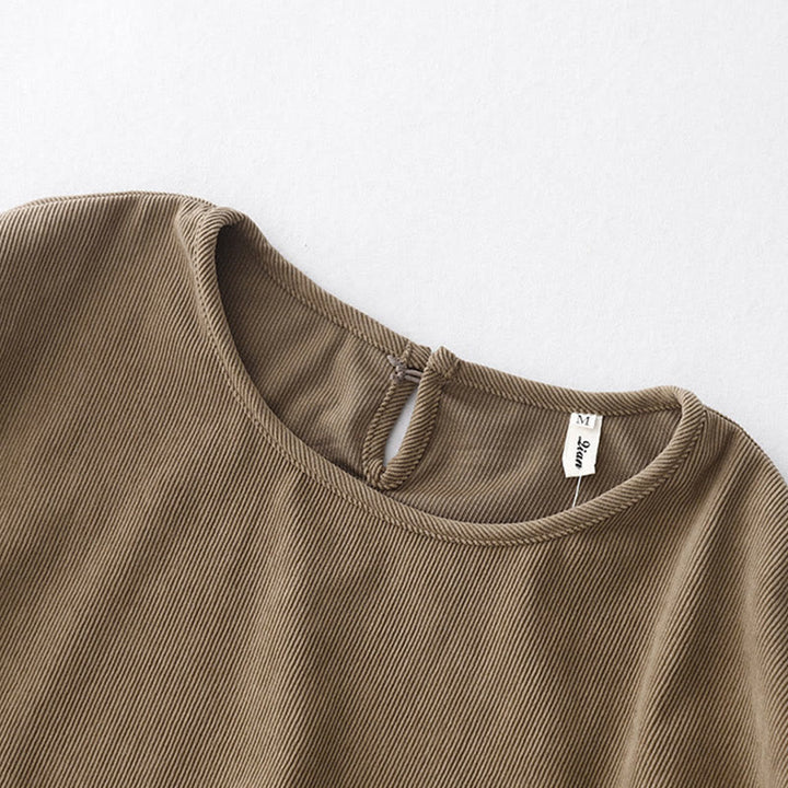 Buddha Stones Tan Solid Color Cotton Linen Corduroy Puff Long Sleeve Midi Dress - image 4
