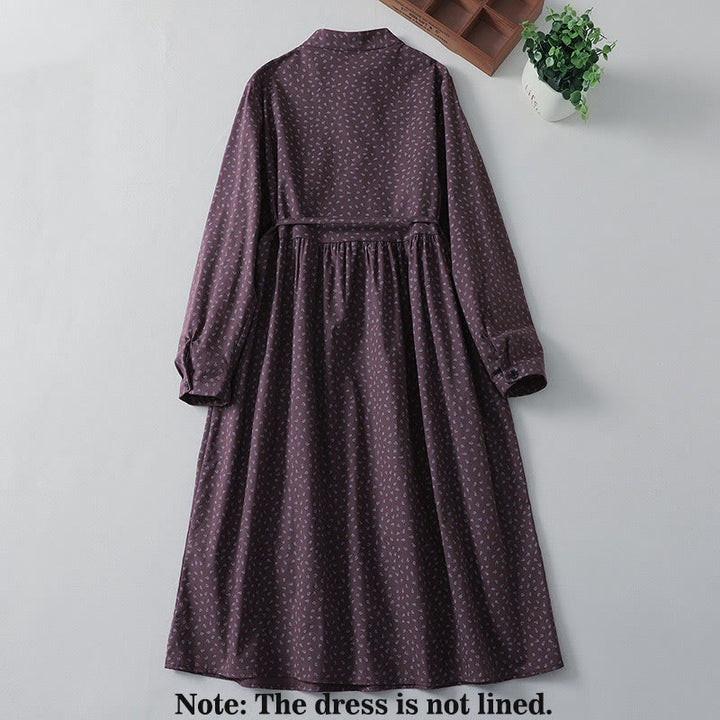Buddha Stones Printing Floral Accordion Pleats Cotton Linen Long Sleeve Midi Dress With Pockets - image 7