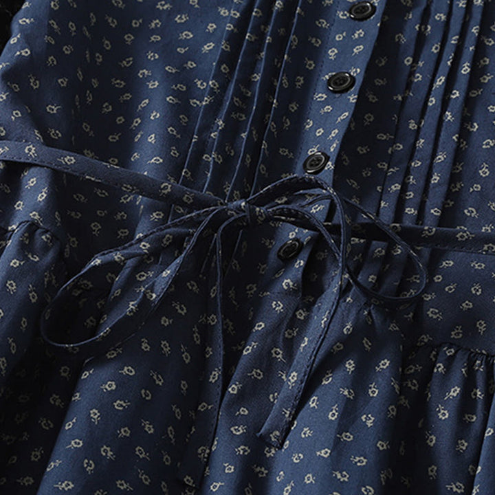 Buddha Stones Printing Floral Accordion Pleats Cotton Linen Long Sleeve Midi Dress With Pockets - image 3