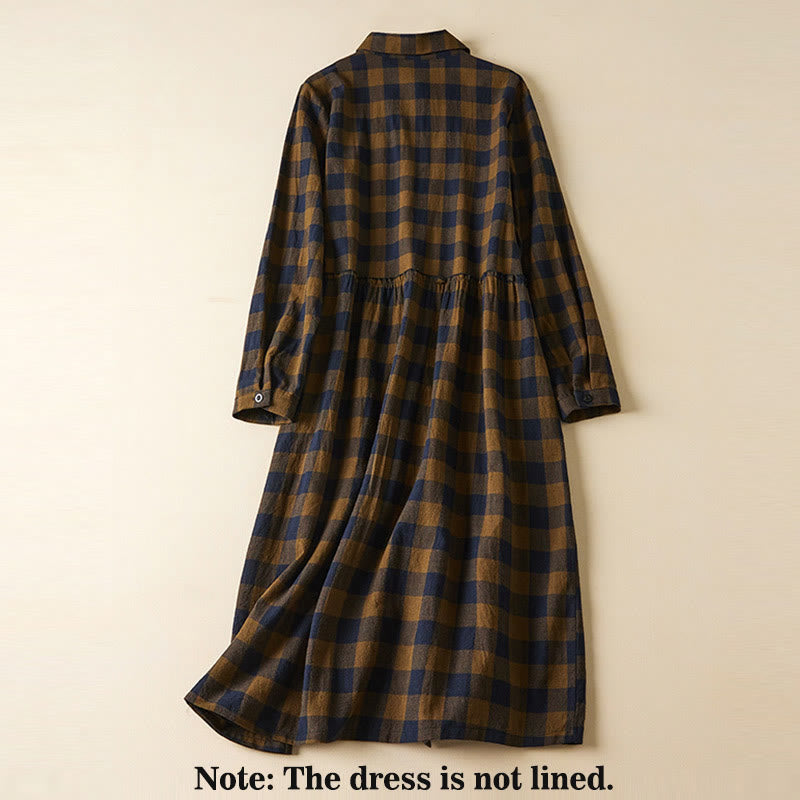 Buddha Stones Contrast Color Plaid Buttons Design Cotton Linen Long Sleeve Midi Dress With Pockets - image 2