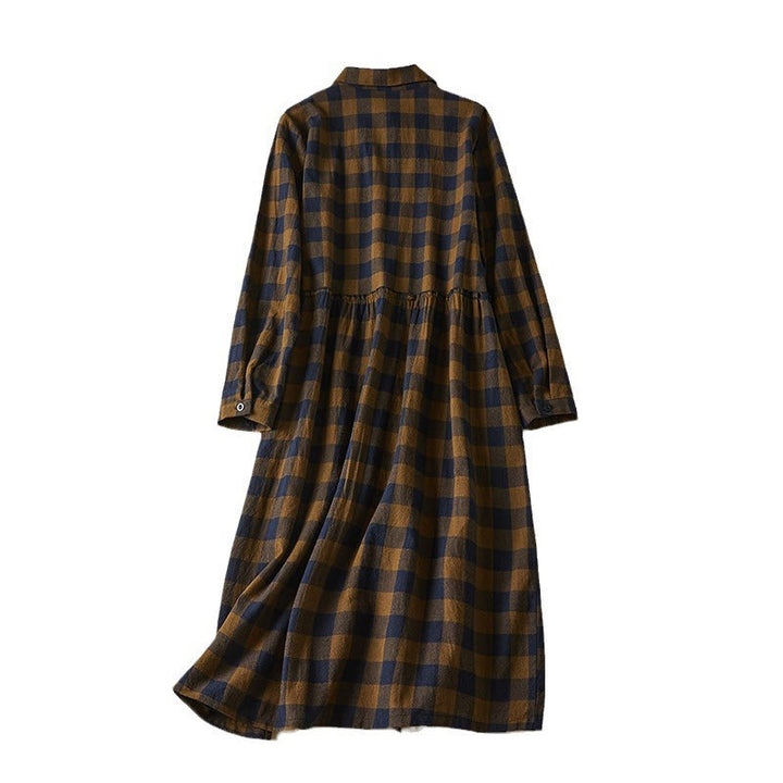 Buddha Stones Contrast Color Plaid Buttons Design Cotton Linen Long Sleeve Midi Dress With Pockets - image 11