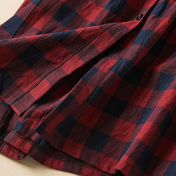Buddha Stones Contrast Color Plaid Buttons Design Cotton Linen Long Sleeve Midi Dress With Pockets - image 21
