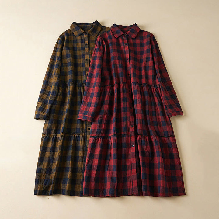 Buddha Stones Contrast Color Plaid Buttons Design Cotton Linen Long Sleeve Midi Dress With Pockets - image 22