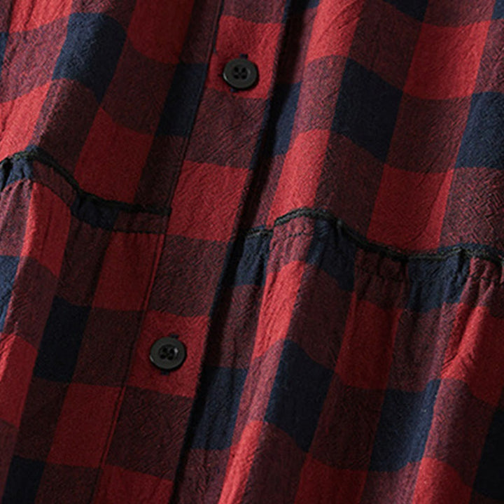 Buddha Stones Contrast Color Plaid Buttons Design Cotton Linen Long Sleeve Midi Dress With Pockets - image 15