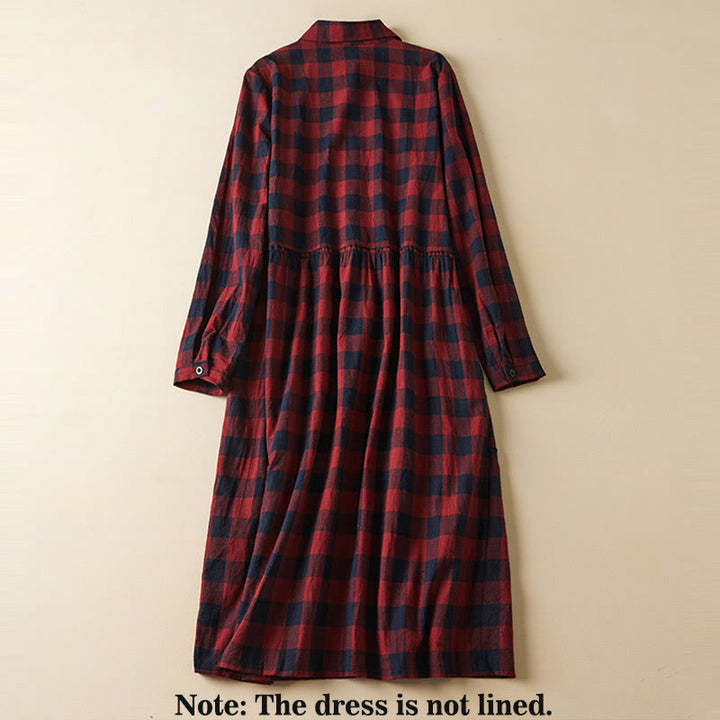 Buddha Stones Contrast Color Plaid Buttons Design Cotton Linen Long Sleeve Midi Dress With Pockets - image 13