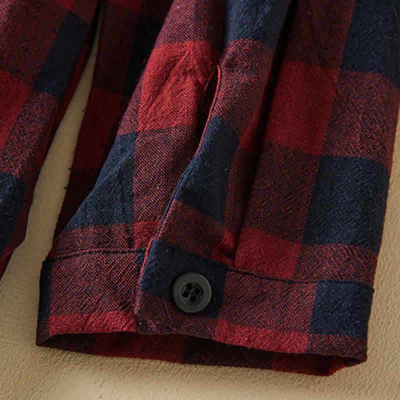 Buddha Stones Contrast Color Plaid Buttons Design Cotton Linen Long Sleeve Midi Dress With Pockets - image 19
