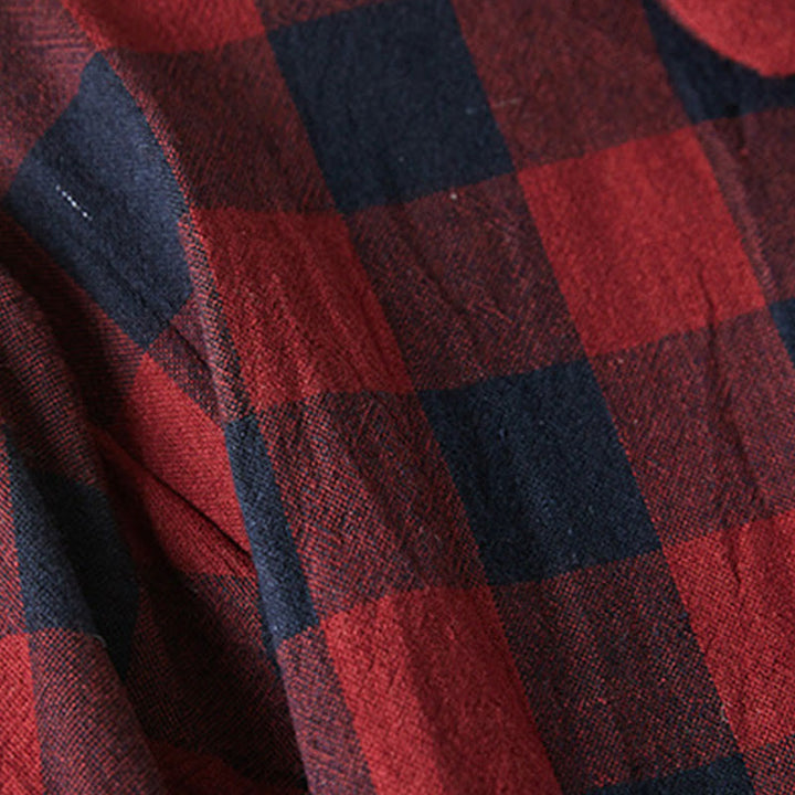 Buddha Stones Contrast Color Plaid Buttons Design Cotton Linen Long Sleeve Midi Dress With Pockets - image 16