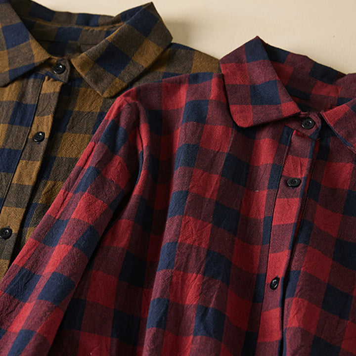 Buddha Stones Contrast Color Plaid Buttons Design Cotton Linen Long Sleeve Midi Dress With Pockets - image 23