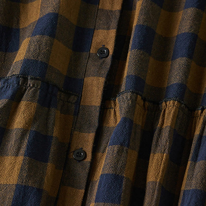 Buddha Stones Contrast Color Plaid Buttons Design Cotton Linen Long Sleeve Midi Dress With Pockets - image 5