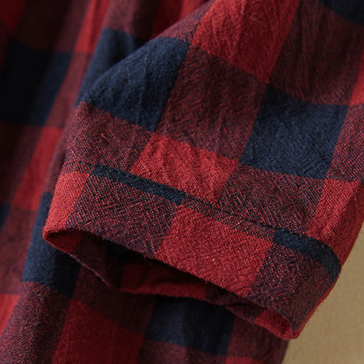 Buddha Stones Contrast Color Plaid Buttons Design Cotton Linen Long Sleeve Midi Dress With Pockets - image 20