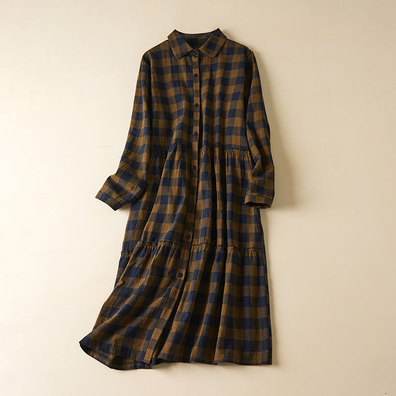 Buddha Stones Contrast Color Plaid Buttons Design Cotton Linen Long Sleeve Midi Dress With Pockets - DarkGoldenrod - US8-10，UK/AU12-14，EU40-42 (2XL) - image 1