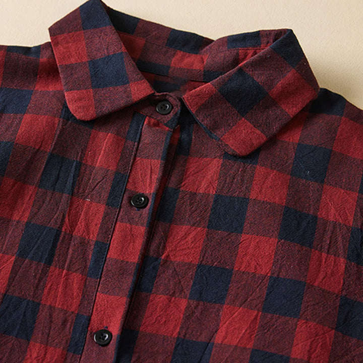Buddha Stones Contrast Color Plaid Buttons Design Cotton Linen Long Sleeve Midi Dress With Pockets - image 14