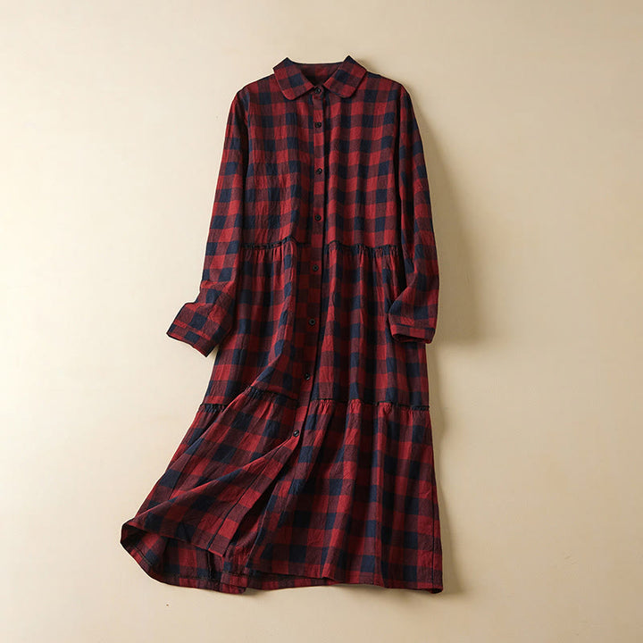 Buddha Stones Contrast Color Plaid Buttons Design Cotton Linen Long Sleeve Midi Dress With Pockets - Crimson - US8-10，UK/AU12-14，EU40-42 (2XL) - image 12