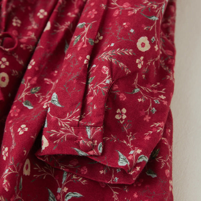 Buddha Stones Ethnic Printing Floral Lace-Up Design Long Sleeve Cotton Linen Midi Dress - image 14