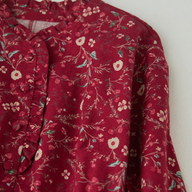 Buddha Stones Ethnic Printing Floral Lace-Up Design Long Sleeve Cotton Linen Midi Dress - image 11