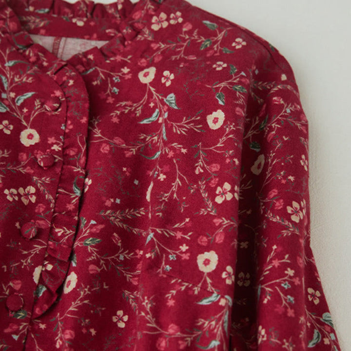 Buddha Stones Ethnic Printing Floral Lace-Up Design Long Sleeve Cotton Linen Midi Dress - image 11