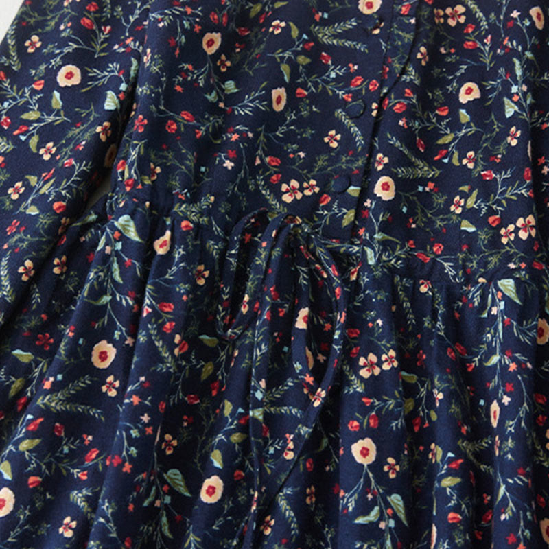 Buddha Stones Ethnic Printing Floral Lace-Up Design Long Sleeve Cotton Linen Midi Dress - image 4