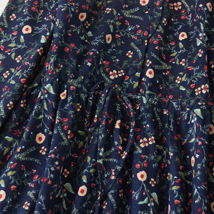 Buddha Stones Ethnic Printing Floral Lace-Up Design Long Sleeve Cotton Linen Midi Dress - image 4