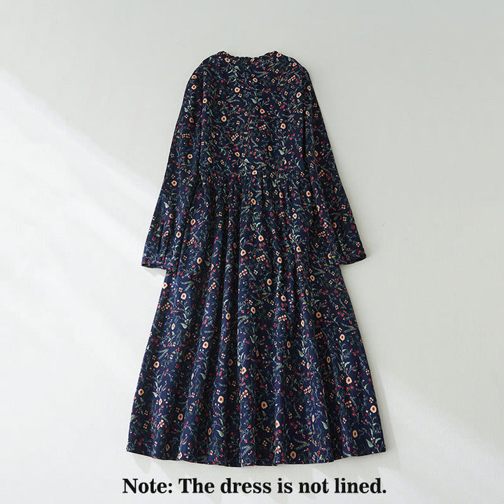 Buddha Stones Ethnic Printing Floral Lace-Up Design Long Sleeve Cotton Linen Midi Dress - image 1