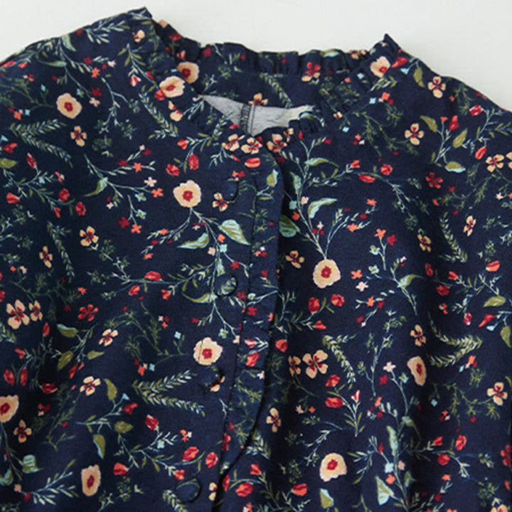 Buddha Stones Ethnic Printing Floral Lace-Up Design Long Sleeve Cotton Linen Midi Dress - image 2