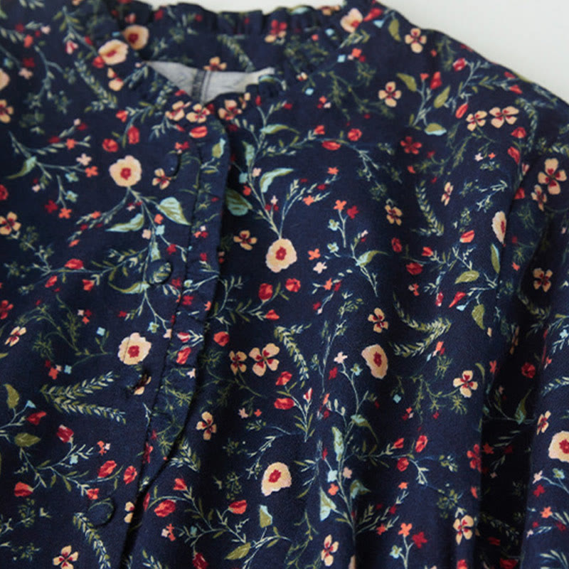 Buddha Stones Ethnic Printing Floral Lace-Up Design Long Sleeve Cotton Linen Midi Dress - image 3