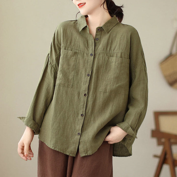 Buddha Stones Casual Plain Women's Cotton Linen Long Sleeve Shirt - DarkKhaki - US14，UK/AU18，EU46 (2XL) - image 17