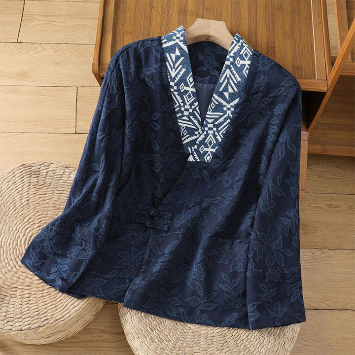 Buddha Stones Casual Jacquard Frog-Button Women's Cotton Linen Long Sleeve Shirt - MidnightBlue - US12，UK/AU16，EU44 (2XL) - image 1