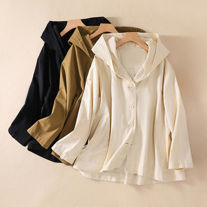 Buddha Stones Pure Color Hooded Women's Long Sleeve Cotton Jacket With Pockets - image 1