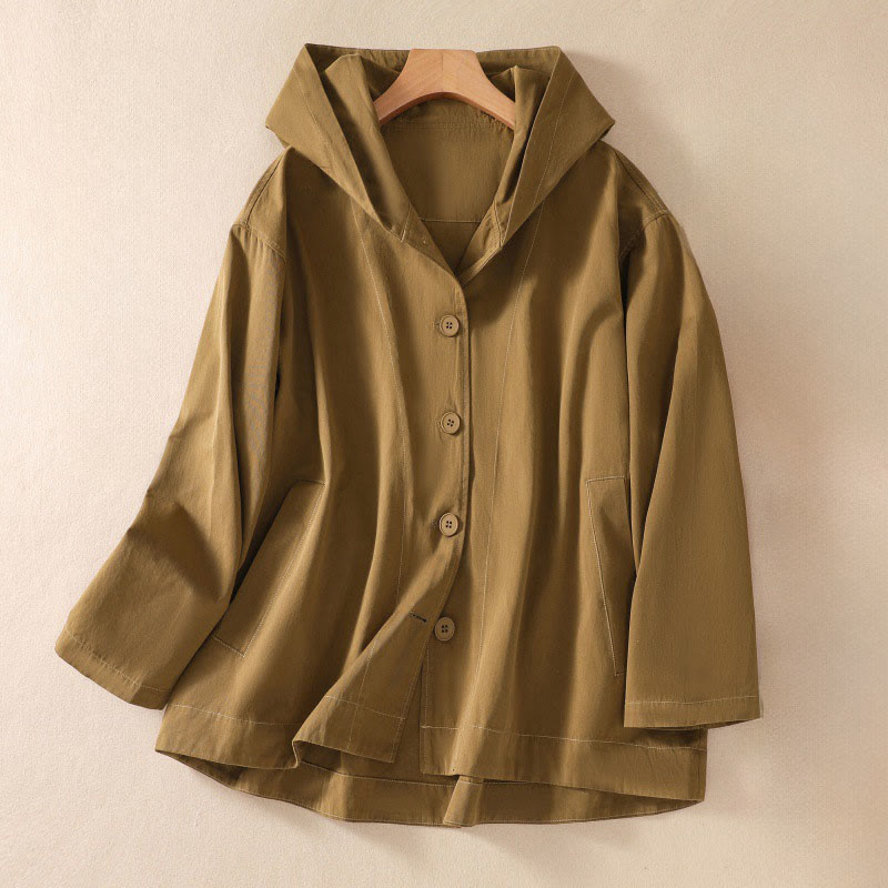 Buddha Stones Pure Color Hooded Women's Long Sleeve Cotton Jacket With Pockets - DarkGoldenrod - US14，UK/AU18，EU46 (2XL) - image 2