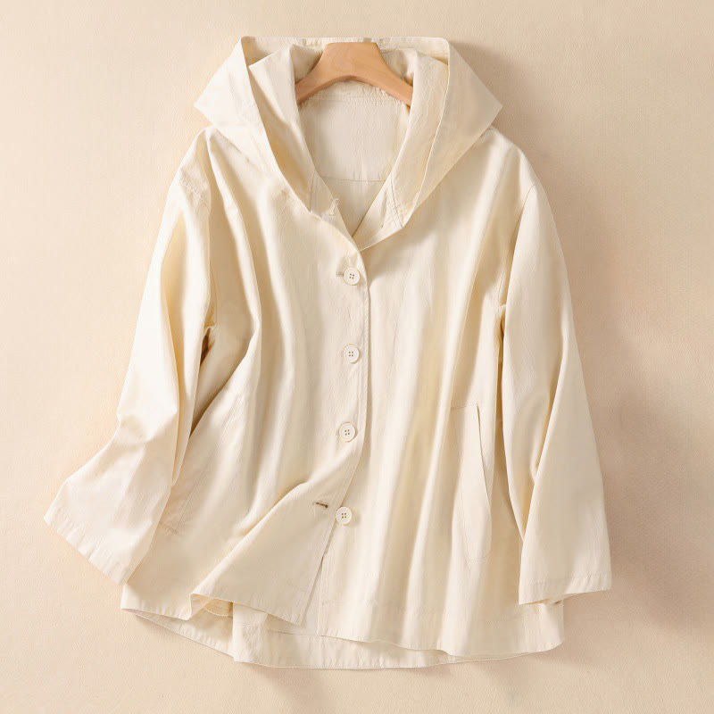 Buddha Stones Pure Color Hooded Women's Long Sleeve Cotton Jacket With Pockets - OldLace - US14，UK/AU18，EU46 (2XL) - image 7