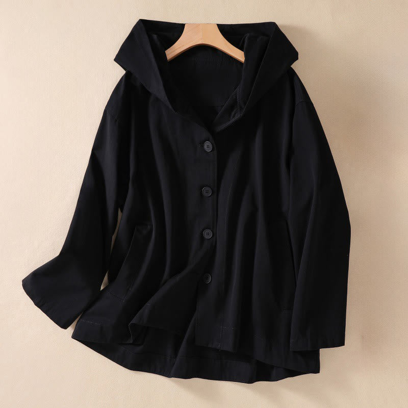 Buddha Stones Pure Color Hooded Women's Long Sleeve Cotton Jacket With Pockets - Black - US14，UK/AU18，EU46 (2XL) - image 10