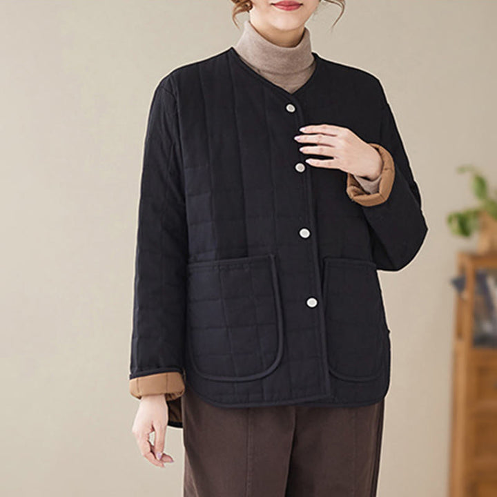 Buddha Stones Retro Plain Women's Thick Cotton Long Sleeve Coat Jacket With Pockets - image 4