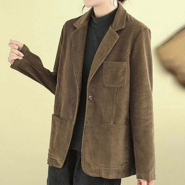 Buddha Stones Retro Plain Women's Cotton Long Sleeve Corduroy Jacket With Pockets - image 4