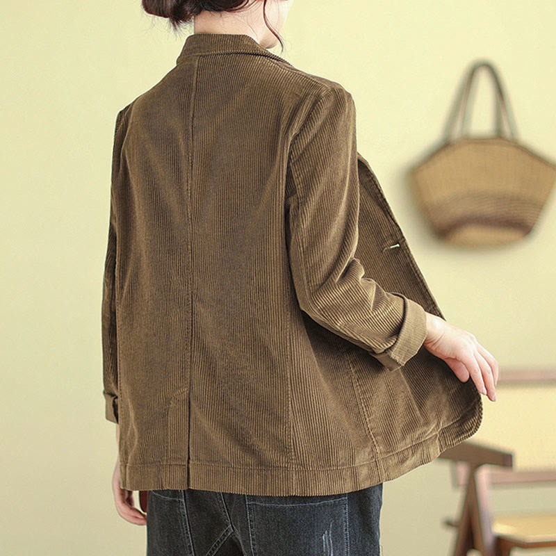Buddha Stones Retro Plain Women's Cotton Long Sleeve Corduroy Jacket With Pockets - image 5