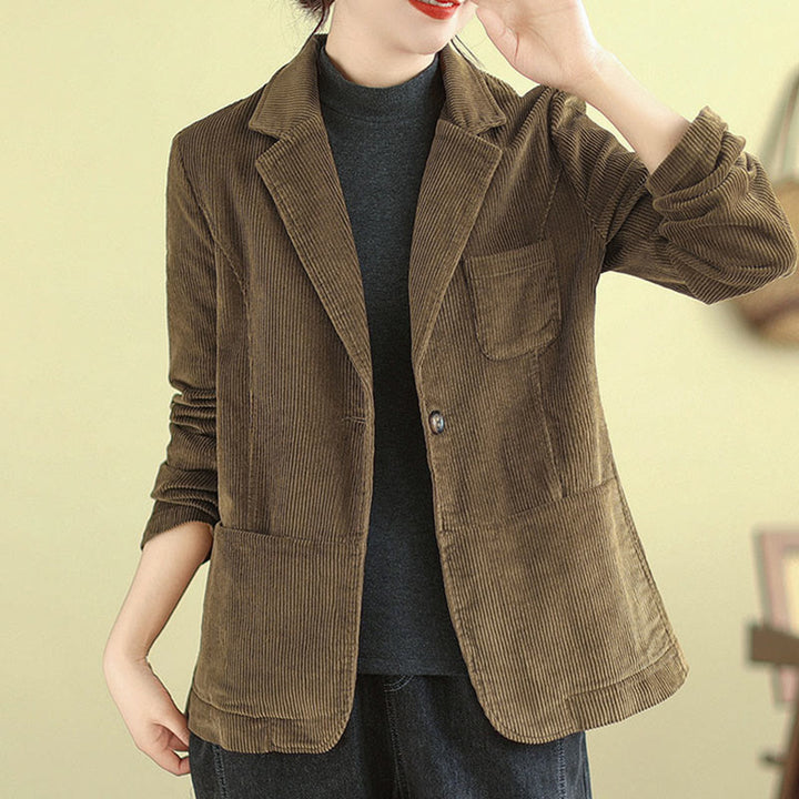 Buddha Stones Retro Plain Women's Cotton Long Sleeve Corduroy Jacket With Pockets - image 3