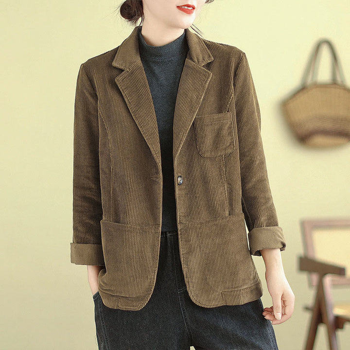 Buddha Stones Retro Plain Women's Cotton Long Sleeve Corduroy Jacket With Pockets - DarkGoldenrod - US12，UK/AU16，EU44 (2XL) - image 1