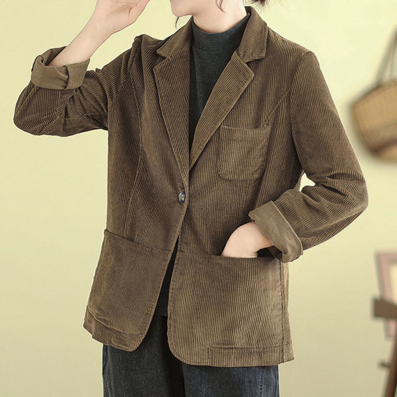 Buddha Stones Retro Plain Women's Long Sleeve Corduroy Jacket With Pockets - image 1