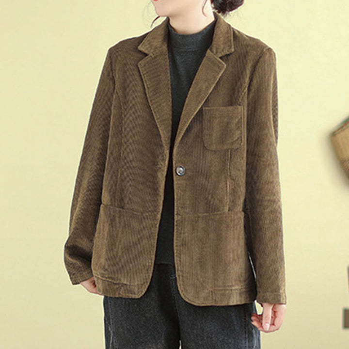 Buddha Stones Retro Plain Women's Cotton Long Sleeve Corduroy Jacket With Pockets - image 6
