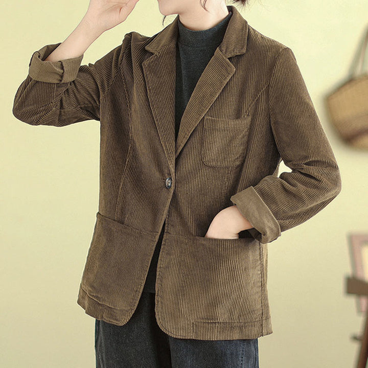 Buddha Stones Retro Plain Women's Cotton Long Sleeve Corduroy Jacket With Pockets - image 2