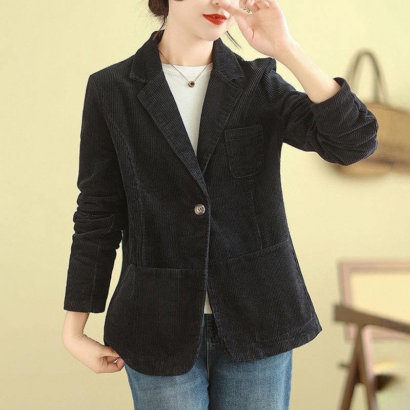Buddha Stones Retro Plain Women's Cotton Long Sleeve Corduroy Jacket With Pockets - image 24