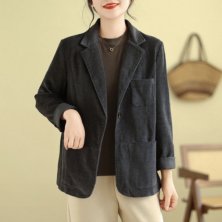 Buddha Stones Retro Plain Women's Cotton Long Sleeve Corduroy Jacket With Pockets - DimGray - US12，UK/AU16，EU44 (2XL) - image 12