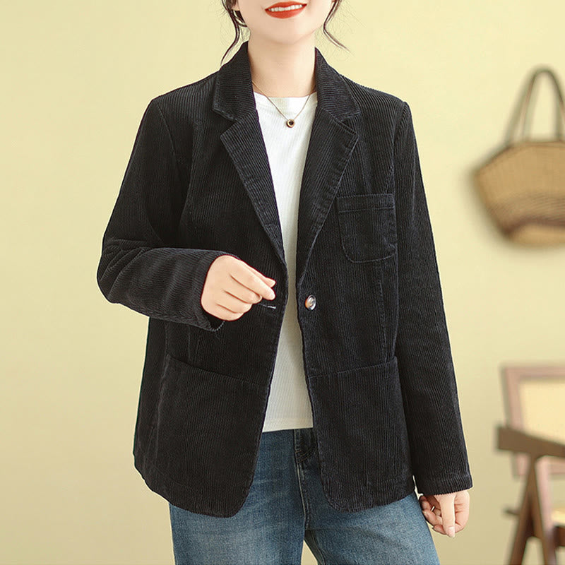 Buddha Stones Retro Plain Women's Long Sleeve Corduroy Jacket With Pockets - image 26