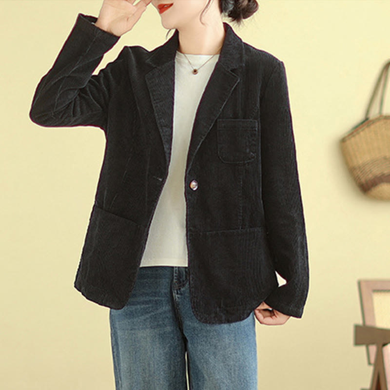 Buddha Stones Retro Plain Women's Cotton Long Sleeve Corduroy Jacket With Pockets - image 26