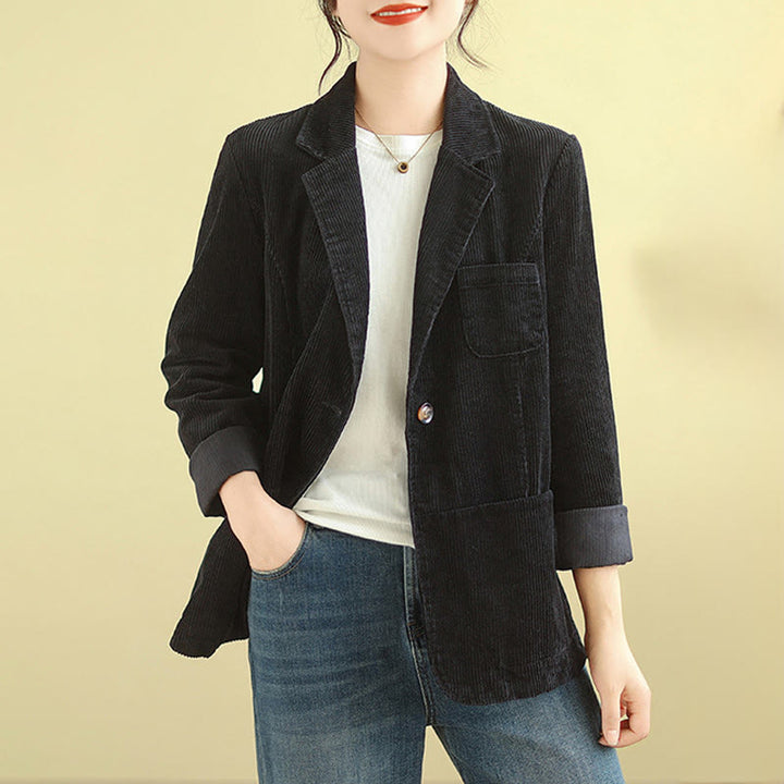 Buddha Stones Retro Plain Women's Cotton Long Sleeve Corduroy Jacket With Pockets - Black - US12，UK/AU16，EU44 (2XL) - image 23