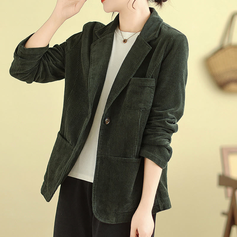 Buddha Stones Retro Plain Women's Cotton Long Sleeve Corduroy Jacket With Pockets - DarkOliveGreen - US12，UK/AU16，EU44 (2XL) - image 18