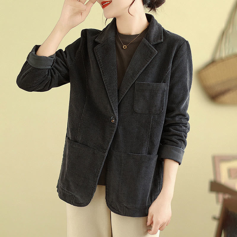 Buddha Stones Retro Plain Women's Cotton Long Sleeve Corduroy Jacket With Pockets - image 13