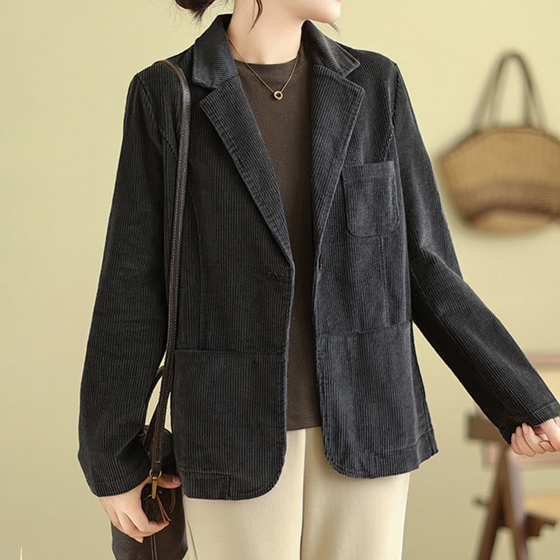 Buddha Stones Retro Plain Women's Cotton Long Sleeve Corduroy Jacket With Pockets - image 15